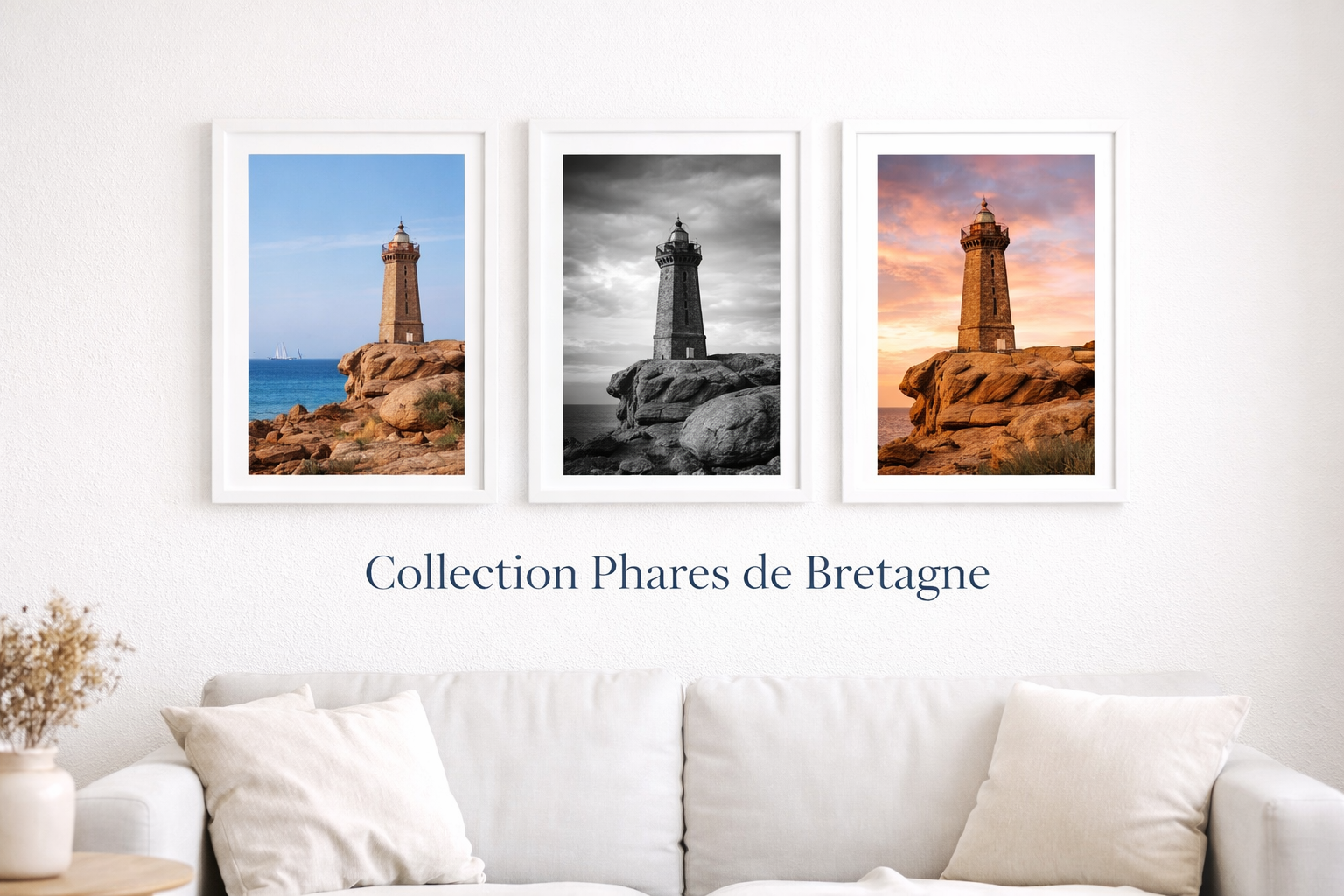 Brittany lighthouse wall art triptych in modern coastal living room
