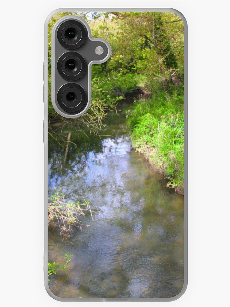 Peaceful countryside stream with green trees and clear flowing water in rural France